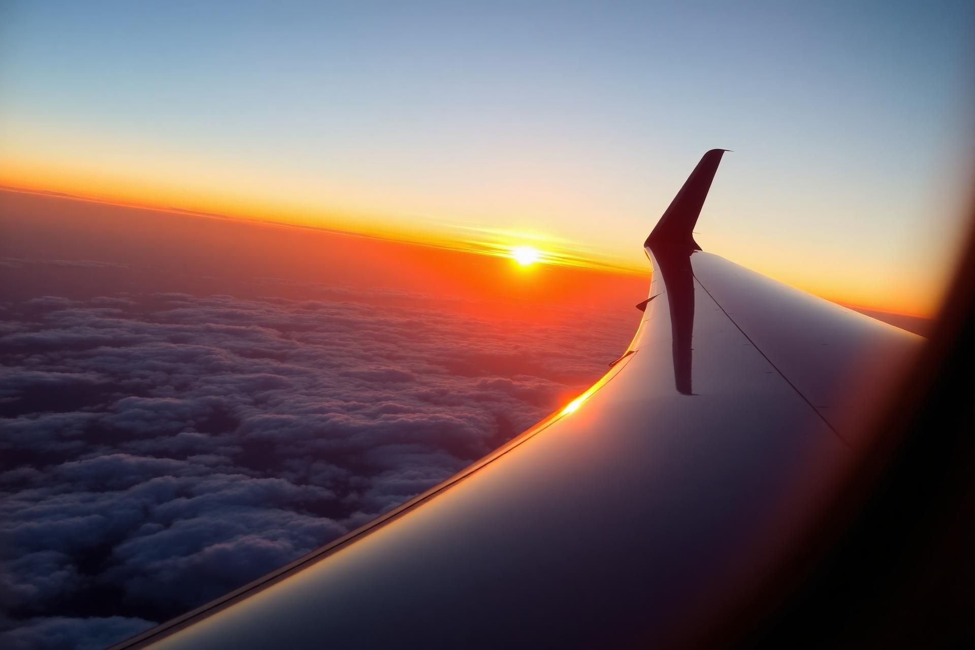 Airplane wing above the clouds at sunset